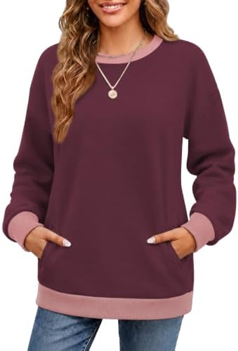 Cuptacc Sweatshirt Damen Rundhals Mit Taschen Kontrast Locker Pullover | Rundhalsausschnitt,Color Block,Loose Fit,Seitentasche,Oversize Langarmshirt,Gerippte Bündchen,Casual,Komfor