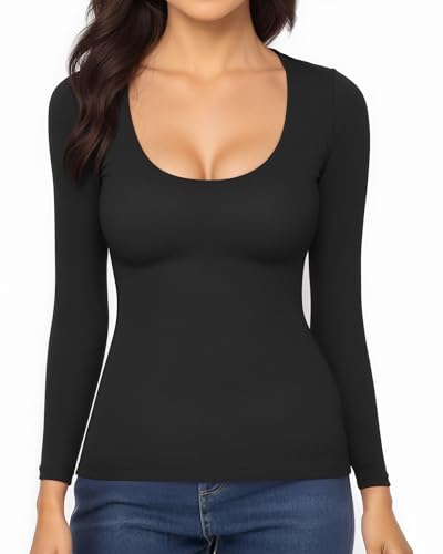 MANGOPOP Women's Scoop Neck Long Sleeve Shirts for Women Double Lined Tops Fall Outfits for Women 20253