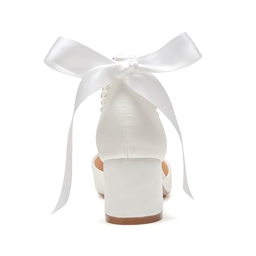 Women's Closed Toe Wedding Shoes Chunky Block Heels with Pearls Satin Pumps Ankle Strap Prom Evening Party Shoes2
