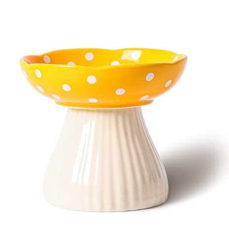 RESVUGA Ciotola rialzata a forma di fungo, graziosa ciotola rialzata in ceramica a pois per cani di piccola taglia, ciotole per cibo e acqua (giallo)