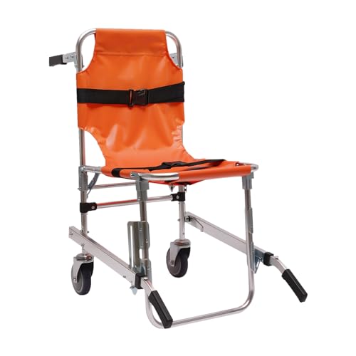 Silla de escalera plegable con 2 ruedas sin frenos, capacidad de carga de 159 kg, aleación de aluminio, acolchado de PVC naranja, asas ajustables y correas para transporte de pacientes, rescate de