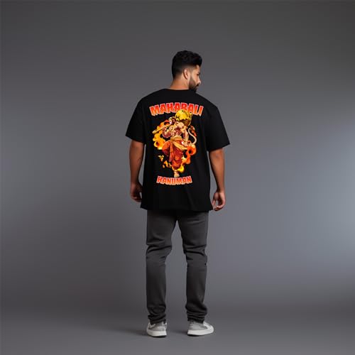 Image of prabhu bhakti Men's Oversized Mahabali Hanuman Printed T-Shirt |Back Print Drop Shoulder Pure Cotton Oversized Tshirt for Men