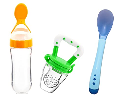 Image of Baby Feeding Set: 3-Piece Multicolor Silicone Baby Fruit Nibbler & Heat Sensor Feeding Spoon