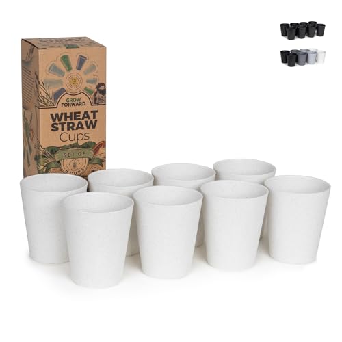 Image of Grow Forward Premium Wheat Straw Cups - Set of 8 Unbreakable BPA Free Reusable Hard Plastic 13 oz Drinking Glasses for Water, Camping, RV - Small Tumblers for Kitchen - Arctic