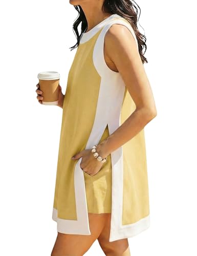 Hooever Women's 2 Piece Sets Casual Color Block Crewneck Sleeveless Pullover Tops Matching Shorts With Pockets(Yellow-S)