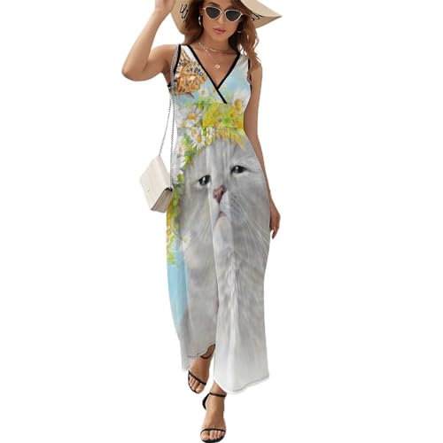 Robe Longue sans Manches Chat Fleur Papillon Col V Légère pour Rester au Frais