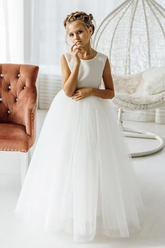 V-Back Flower Girl Dress for Wedding Satin Tulle Princess Pageant Dress Kids Pearls Prom Ball Gowns with Bow-Knot4
