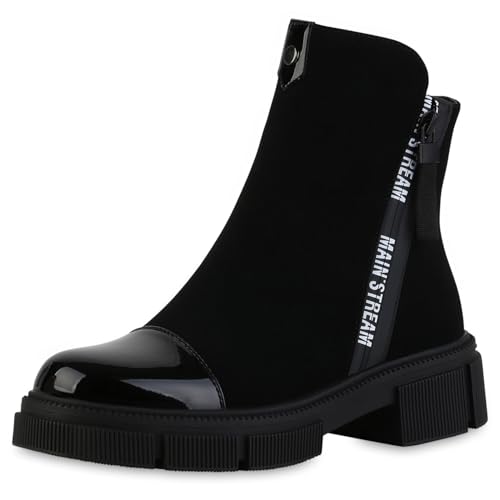 VAN HILL Damen Klassische Stiefeletten Blockabsatz Lack Trendy Schuhe 217628 Schwarz Lack 38