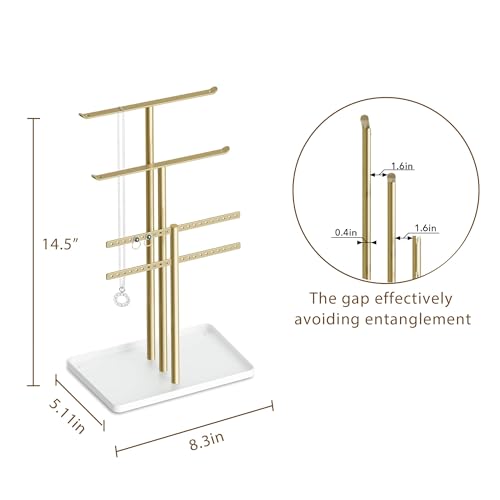 Jewelry Stand Organizer, 37CM Tall Sturdy Metal, 3-Tier Jewelry Holder for Necklace, Earring, Bracelet, Ring, Hanger for Display and Storage, Aesthetic Room Decor, Gold Jewlery Stand with White Tray by pickpiff - Image 2