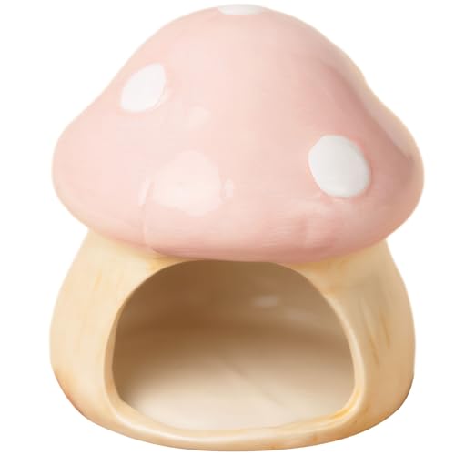 letixnink Hamster Ceramic Nest with Matching Feeding Bowl Set for Small Pets Mushroom Shaped Hideout and Food Dishes