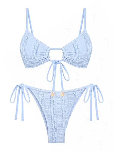 seamoly Lace Ruffled Trim Cinched Tied Front Tie Side Bikini Set,Light Blue, S
