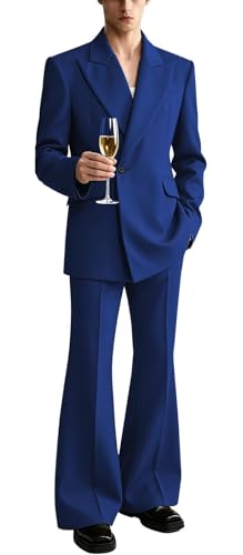 Auhjndkm Men's Fashion Royal Blue Fit Suit - One Button Peak Lapel Blazer with Flare Pants for Nightclub Party and Special Occasions Large