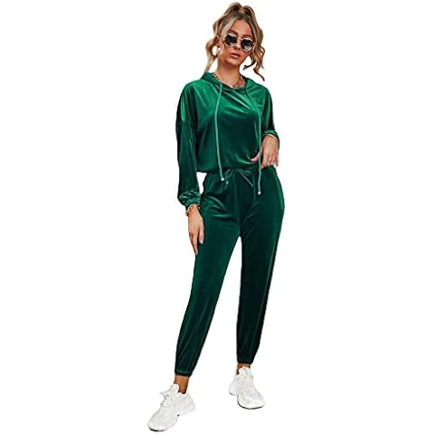 NINALUNA Women Fall Winter Velvet Tracksuits Set Solid Color Long Sleeve Hoodie Sweatshirt Drawstring Sweatpants Steetwear (Green,M) Cover