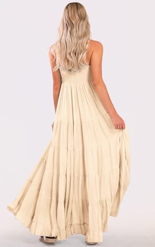 Image of loveimgs Women Summer Spaghetti Strap Smocked Maxi Dress Tiered Ruffle Sleeveless Long Flowy Dress Beach Sundress