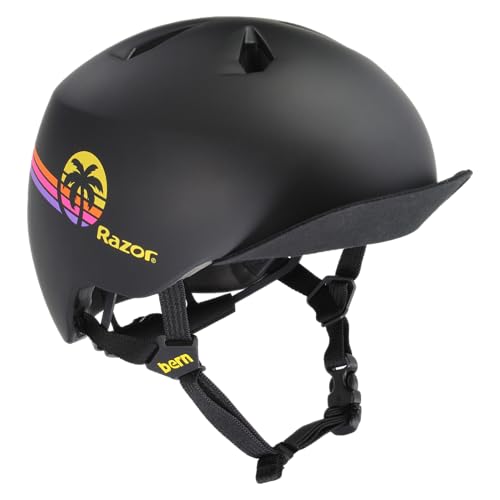 Image of BERN Nino Razor Kids Bike & Skate Helmet – XS/S – Matte Black Yellow Sunset – Flip Visor, Lightweight, Multi-Sport Protection, Adjustable Fit for Boys & Girls
