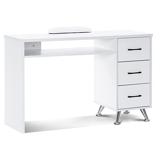 BarberPub Manicure Table with Drawers Nail Desk with Wrist Rest Salon Beauty Spa Storage Workstation 6153-2655 (White)