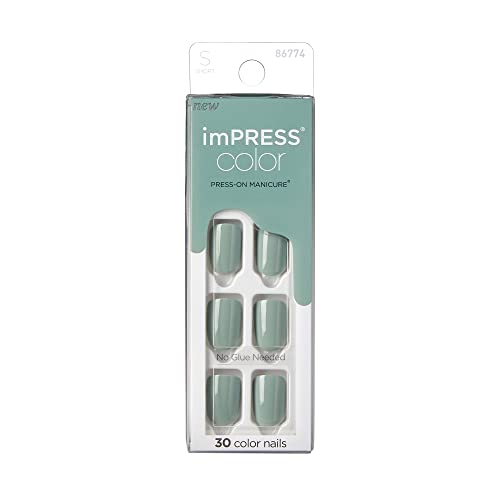 KISS imPRESS Color Press-On Nails Polish-Free Manicure Set, ‘Going Green’, 30 Chip-Proof, Smudge-Proof Fake Nails