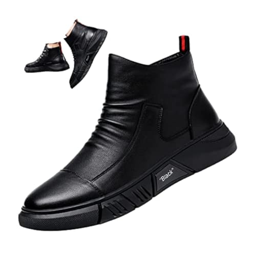 Keilinia Men Black Italian High-top Casual Leather Boots,2022 Fall New Round Toe Waterproof Non-slip Shock-absorbing Booties