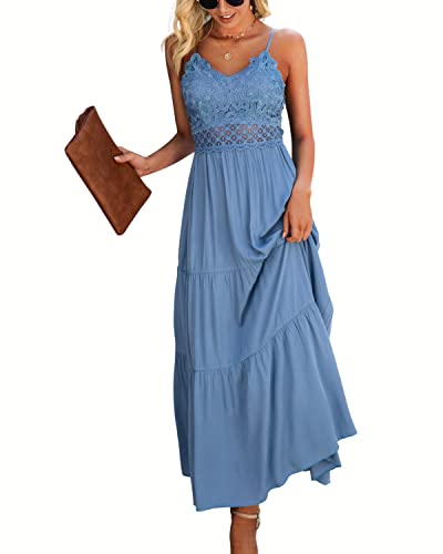 Dokuritu Women s Beach Crochet Lace Maxi Dress Summer Spaghetti Strap Maxi Dress Slate Blue Long Dress (Blue,M)
