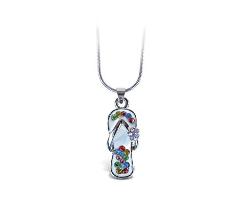 Puzzled Silver Flip Flop Necklace, 18 Inch Fashionable & Elegant Chain Jewelry with Rhinestone Studded Pendant for Casual Formal Attire Beach Slipper Themed Girls Teens Women Fashion Neck Accessory