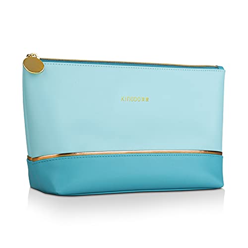 KINGDO Cosmetic Makeup Bags PU Leather, Medium Metal Zipper Pouch, Cosmetic Organizer for Women and Girls Travel Storage Waterproof Cases, Portable Hygiene Bag Perfect for Daily Use (Blue) Holiday Gifts Set for Women