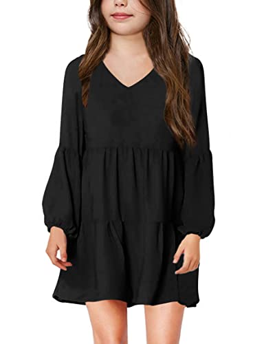Imily Bela Girls Casual Tunic Dresses V Neck Long Short Sleeve School Party Swing Dress 5-14 Years Black #TOP13