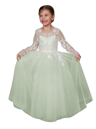 Lace Applique Flower Girl Dress for Wedding Tulle Long Sleeves Bow Knot V-Back Satin Crew Neck Party Ball Gowns