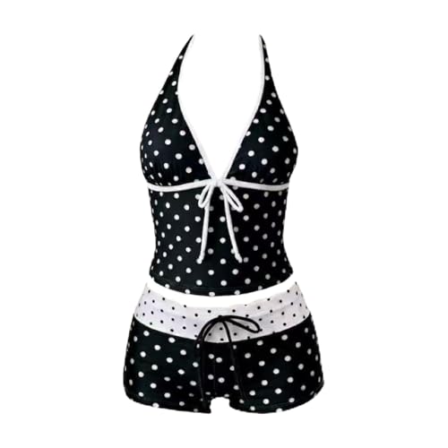 2 Piece Y2k Polka Dot Halter Bikini with Shorts Women Teen Girls Cute Beach Tankini Swimsuit Vintage Bathing Suit Set (Black White Polka dot,Medium)