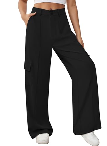 Pink Queen Women High Waisted Wide Leg Cargo Pants Button Down Loose Casual Trendy Work Trousers with 4 Pockets