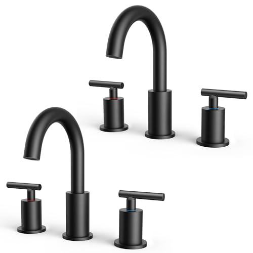 Image of FORIOUS 2 Pack Black Bathroom Faucet 3 Hole, 8 inch Widespread Matte Black Bathroom Sink Faucet with 360Swivel Spout, Suitable for 6-12 Inch Vanity Sink, with Metal Pop-up Drain and Supply Line