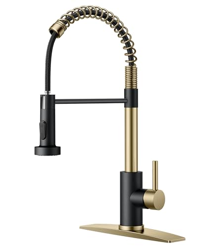 FORIOUS Kitchen Faucet with Pull Down Sprayer Stainless Steel Commercial Single Handle Classic Spring Pull Out Sink Faucet for Pot Filler Farmhouse Camper Bar Laundry Room Black Gold