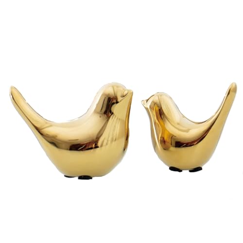 Tibeoyad 2 Stück Kleine Vögel Statuen, Keramik Vogel, Moderne Tier Vogel Skulpturen für Landschaft Garten Home Office Desktop Display Dekor (Gold)