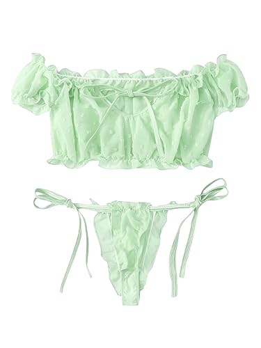 Image of Lilosy Sexy Stretch Ruffle Tie Sheer Mesh Lingerie Set Outfits