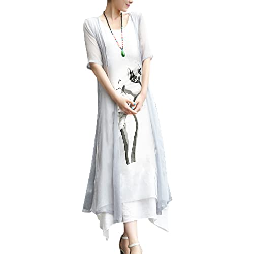 Honwenle Women's Linen Dress 2 Piece Outfit Floral Sleeveless Plus