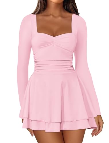 IWD Women's Square Neck Dress Tiered Ruffle Hem Ruched Waist Long Sleeve Short Dress Flowy Going Out A Line Cute Winter Dresses Light Pink Small