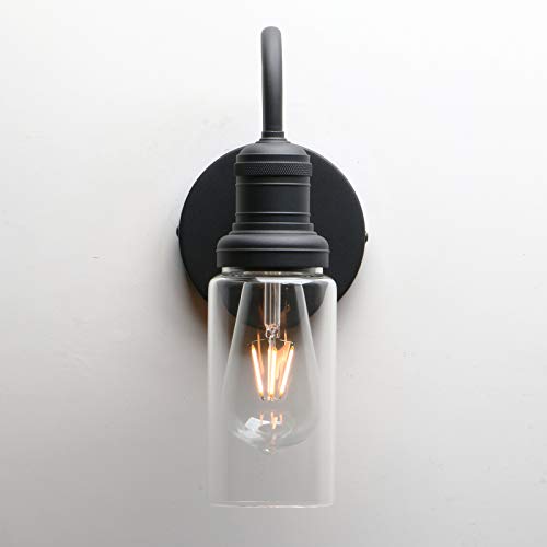 Image of PERMO Industrial Vintage Sconce Black Sconce with 3.1 inch Cylindrical Clear Glass Shade Wall Mount Light Fixture for Living Room Bathroom Entertry
