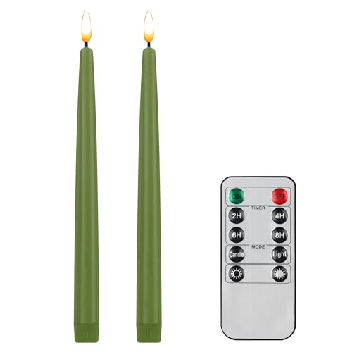 Image of CVHOMEDECO. Flameless Taper Candles with 10-Key Remote, Battery Operated Led Flickering 3D Wick Window Candles Real Wax Finished Home Christmas Party Decor 0.78 x 11 Inch, Pack of 2, Sage Green