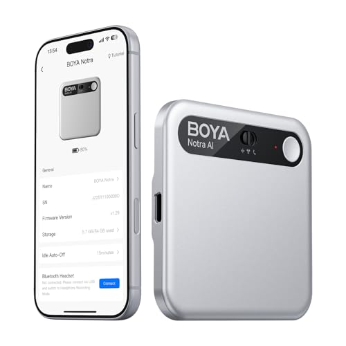 BOYA Notra AI Voice Recorder, Smart Transcription & Summary, App Control, 64GB Storage, Secure Cloud Sync, Supports 140+ Languages, MagSafe-Compatible, Ai Note Taker for Meetings & Interviews, Silver