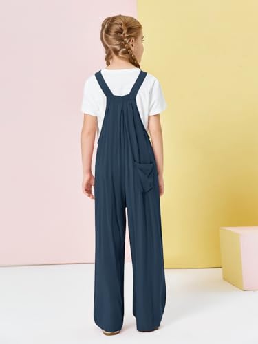 Image of Haloumoning Girls Overalls Kids Casual Sleeveless Wide Leg Jumpsuit Loose Rompers with Pockets 5-14 Years