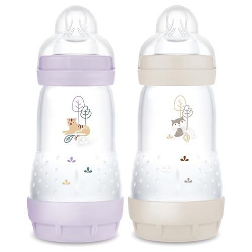 MAM | Lot de 2 biberons Easy Start Anti-Colique 2+ mois débit moyen (2 x 260 ml) Lilas + Sable – Biberon pour réduire les coliques et l'inconfort de bébé – Biberon bébé compatible avec l'allaitement