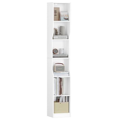 HEXCELEN Bücherregal, 6 Ebenen Vertikales Bücherregal, Schmales Regal, Standregal, Würfelregal, Aufbewahrungsregal, für Büro, Wohnzimmer, Schlafzimmer, 28 × 30 × 181 cm, Moderner Stil, Weiß
