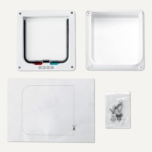 Image of Amazon Basics Adjustable Plastic Dog and Cat Door with 4-Way Lock, Small, 5.7 inch x 5.6 inch Entrance, 7.5 inch x 7.4 inch x 2.2 inch, White, for Interior and Exterior Doors or Wall