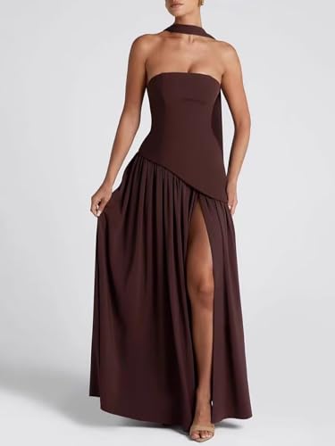 Strapless Satin Bridesmaid Dresses for Women 2025 Halter A Line Prom Dress Split Pleated Formal Party Gowns with Scarf P1663