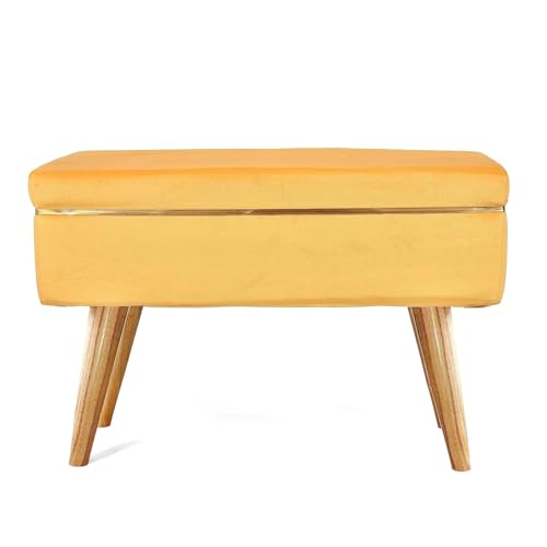 Image of Ottoman Bench for Living Room | Upholstered Seating with Wooden Legs| Multipurpose Seating for Home & Office| Stylish Accent Furniture for Bedroom & Drawing Room Decor, Sqr Bnch-Mustard
