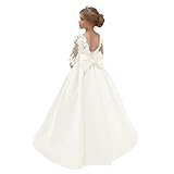 CHONLuo Satin Flower Girl Dresses for Wedding Lace Long Sleeves Pageant Dresses for Girls V Back Kids Satin First Communion Gown with Bowknot Ivory Size 16