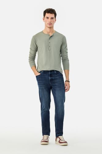 Image of SNITCH Men's T-Shirt | Regular Fit Henley Neck Full Sleeve Solid Pattern | Stretchable Rayon Cotton Spandex Blend Breathable Fabric for Casual & Everyday Wear