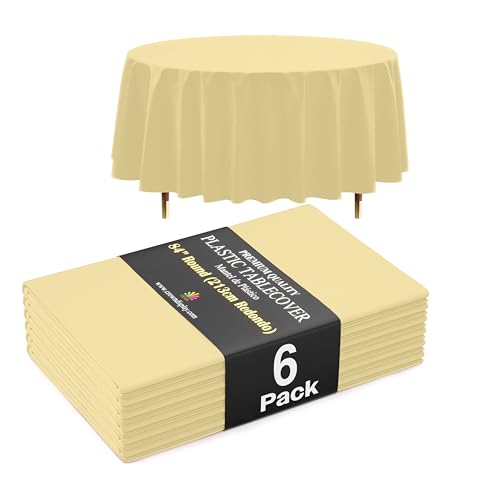 Image of Exquisite 66% Thicker Premium Light Yellow Round Tablecloth 0.5 Mil 6 Pack Plastic Table Cloth Disposable 84 Inch Round Plastic Tablecloth Won't Tear Easily Like Cheap Thin Brands