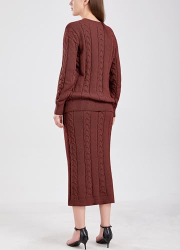 Image of chouyatou Women Winter Casual Chunky Cable Knit Long Pencil Skirt 2 Piece Outfit Oversized Pullover Sweater Sets