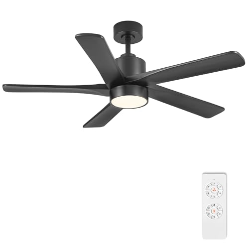 Image of WINGBO 48 Inch DC Ceiling Fan with Lights and Remote Control, 5 Carved Solid Wood Blades, 6-Speed Noiseless Reversible DC Motor, Indoor Ceiling Fan in Matte Black Finish with Black Blades