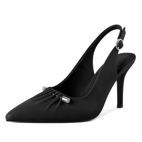 YODEKS Women's Slingback Heels Pointed Toe Beaded Metal Buckle Bar High Heel Pumps 3.5 Inch Shoes US Size 5-13